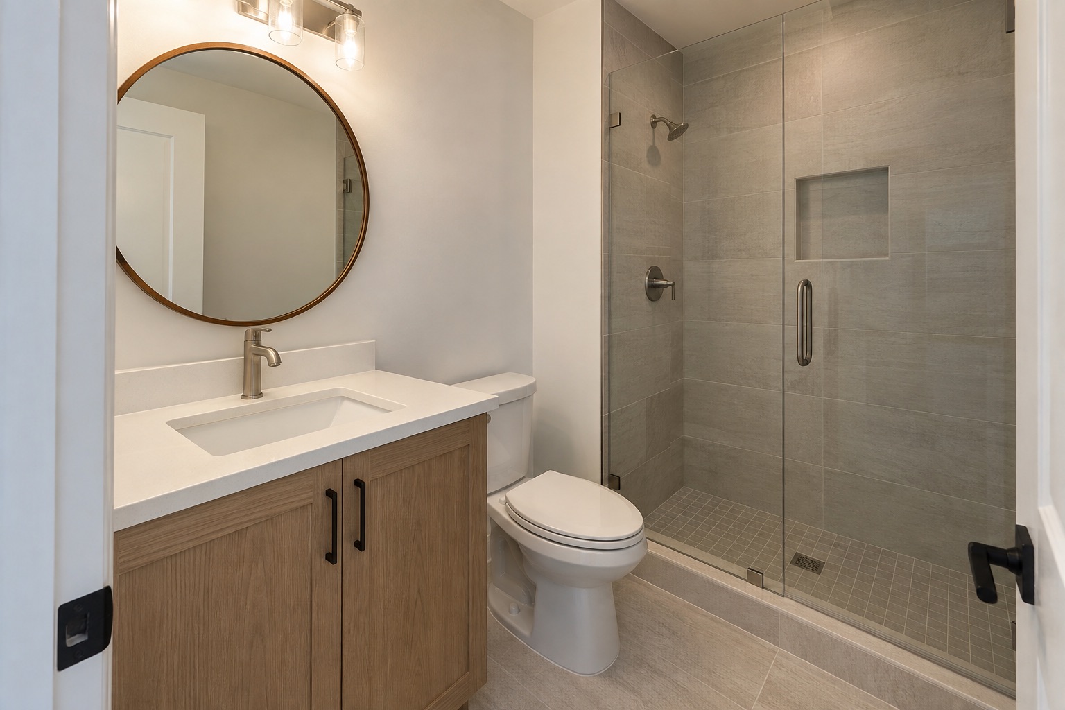Newly completed compact guest bathroom