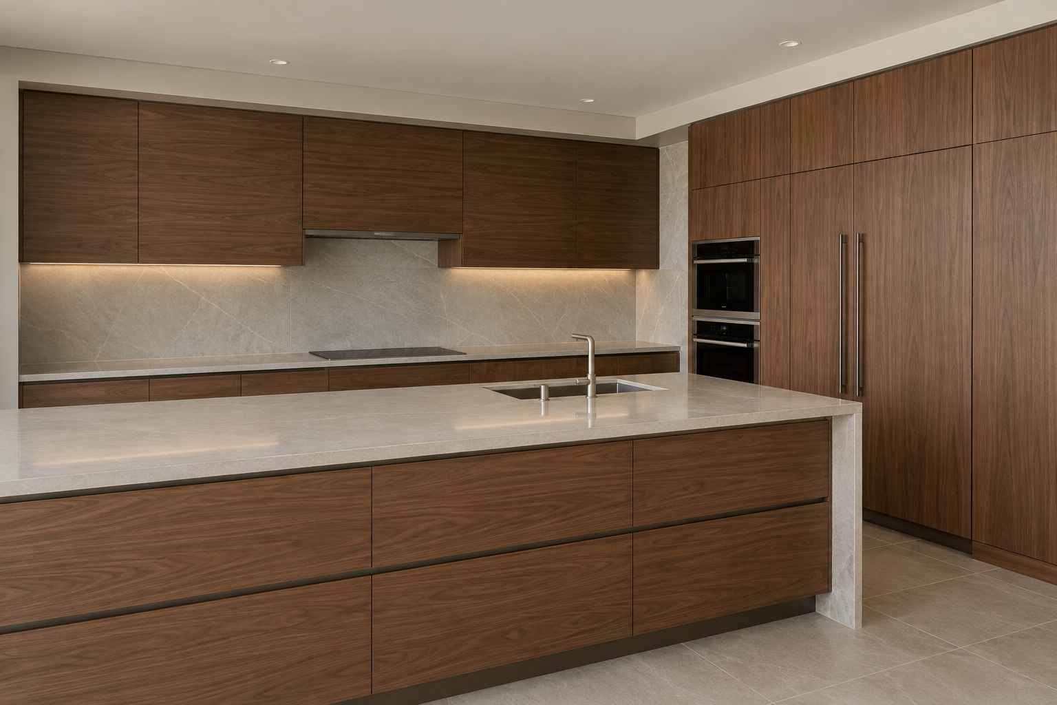 Newly completed walnut kitchen cabinetry