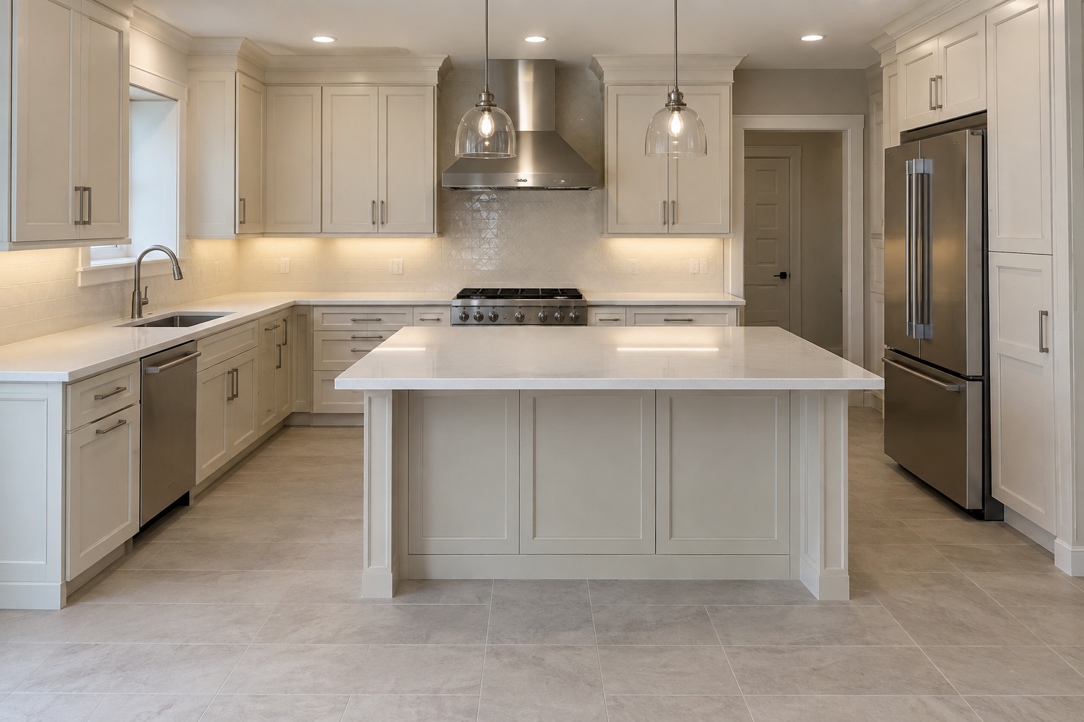 Newly completed transitional family kitchen