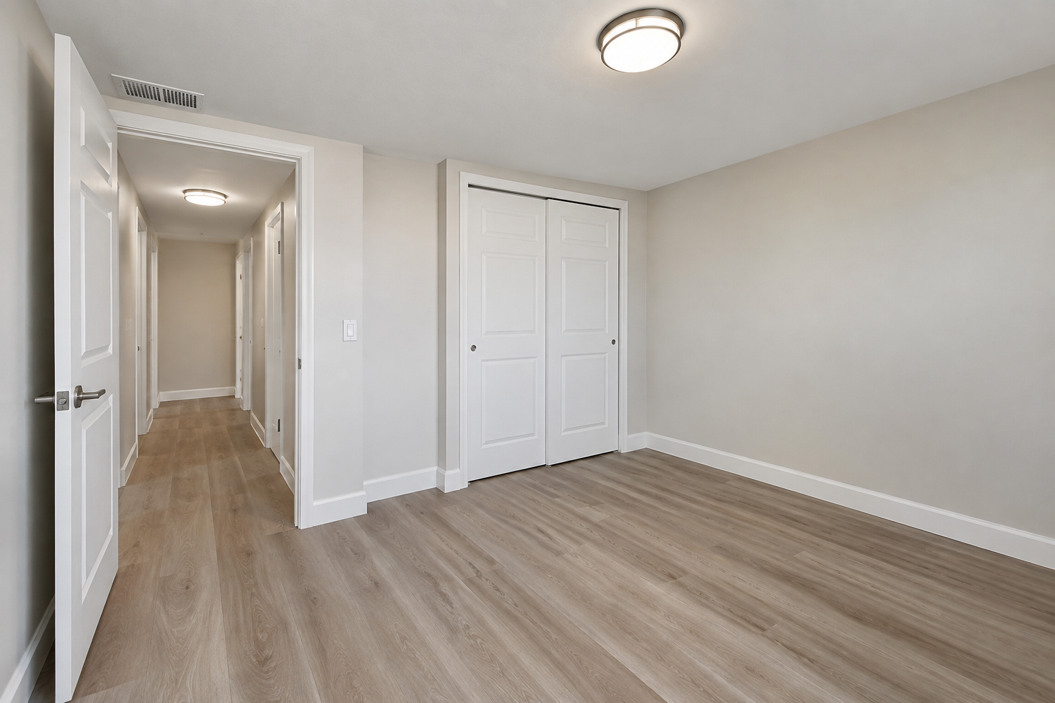 Newly completed bedroom and hallway