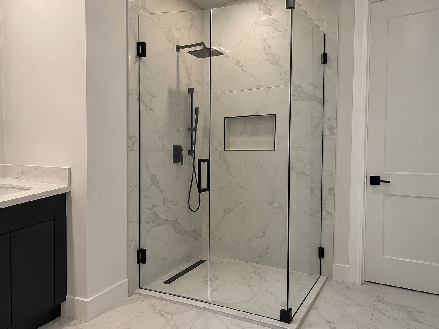 Newly installed corner glass shower