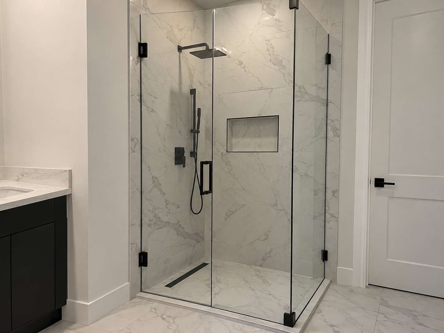 Newly installed corner glass shower